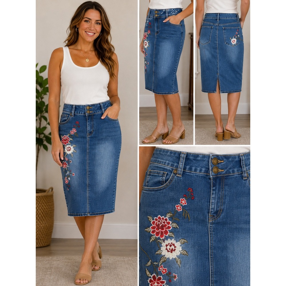 Sandpiper Floral Embroidered Denim Midi Skirt Blue Stretch Size 16 RN112642